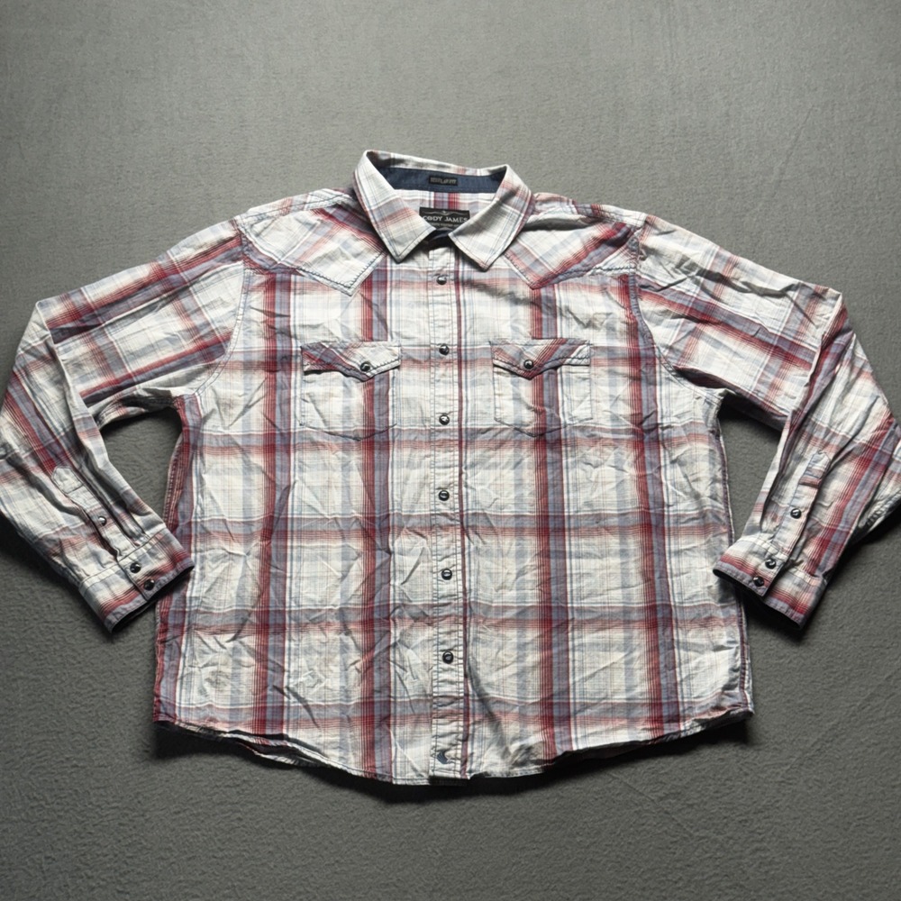 Cody James Mens 2XL Western Shirt Pearl Snap Plaid Long Sleeve Red Blue Cotton